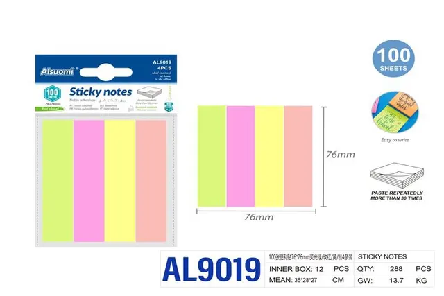 Notas adhesivas, 76 × 76 mm, colores amarillo, rojo, verde y rosado, modelo AL9019
