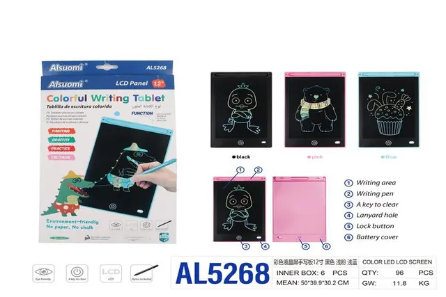 Tableta de escritura/Tableta LCD, 12 pulgadas, colores multicolor, azul, negro y rosado