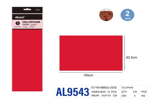 Papel cristalino, 62,5 × 100 cm, 2 piezas, color rojo