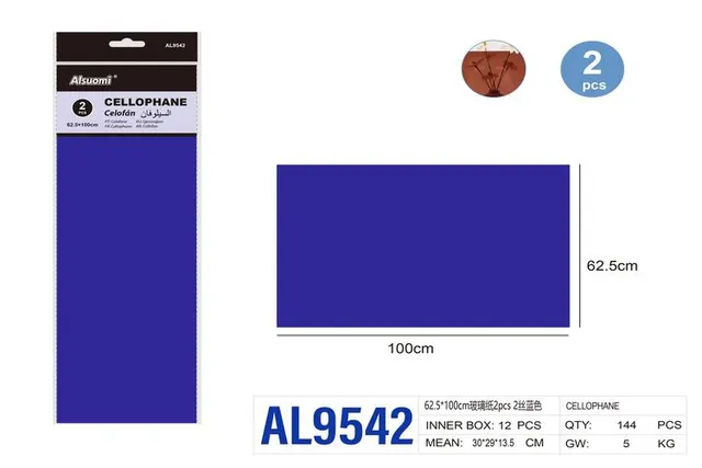 Papel cristalino, 62,5 × 100 cm, 2 piezas, color azul