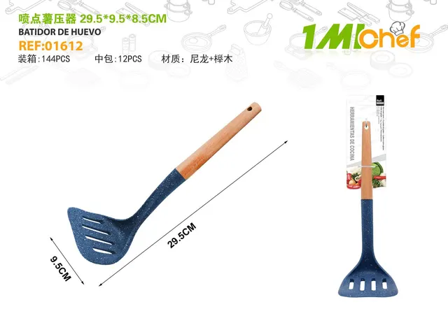 Utensilios de nailon con mango de haya moteado, 29,5 × 9,5 × 8,5 cm, ref. 01612