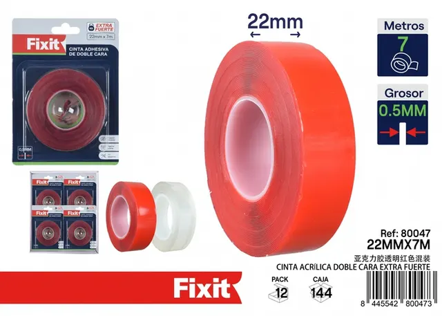 Cinta acrílica, 0,5 mm, 22 mm, 7 m, colores transparente y rojo
