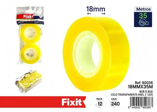 Cinta adhesiva de papelería, 18 mm, 35 m, 2 piezas, color amarillo claro, ref. SJ80036