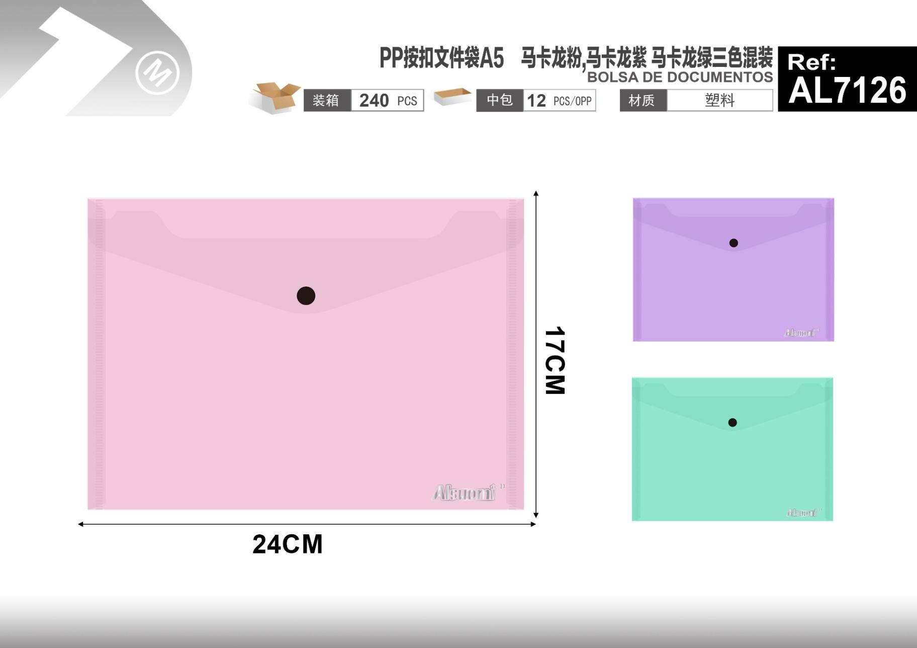 Bolsa para documentos, modelo A5, colores verde, rosado y morado