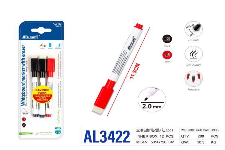 marcador de pizarra, 3 piezas, colores rojo, negro y blanco, modelo AL3422