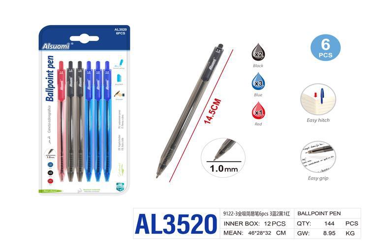 Bolígrafo, 6 piezas, colores rojo, azul y negro, modelo AL3520