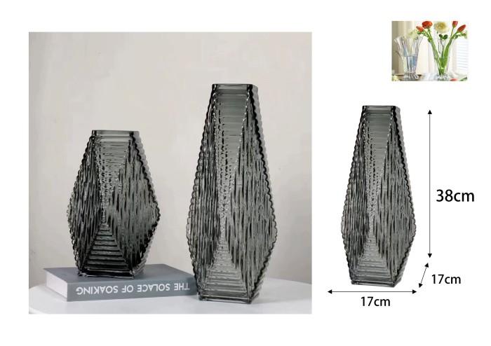 Jarrón de vidrio, 17 × 38 cm, 17 cm, 38 cm, color gris
