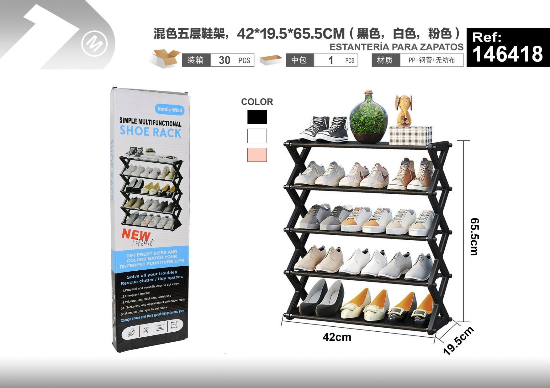 Soluciones para guardar calzado, 42 × 19,5 × 65,5 cm, colores negro, blanco y rosado