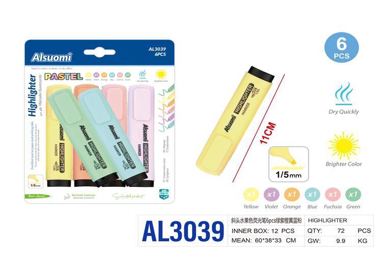 resaltador, 6 piezas, colores amarillo, azul, verde, rosado, morado y naranja, modelo AL3039