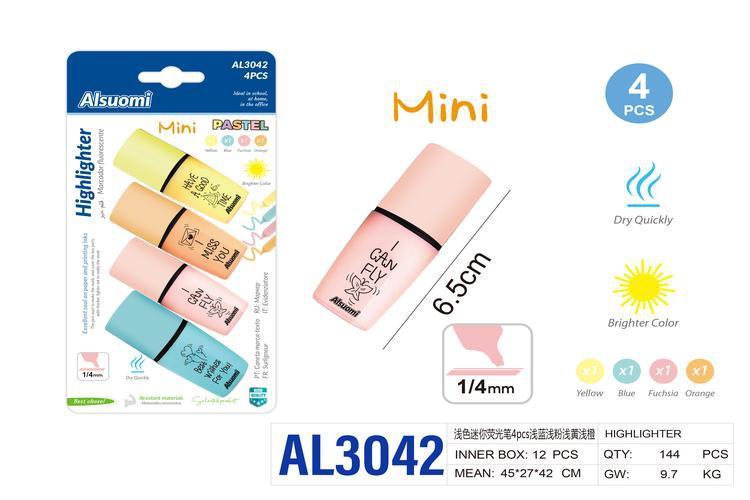 resaltador, 4 piezas, colores amarillo, azul, rosado y naranja, modelo AL3042