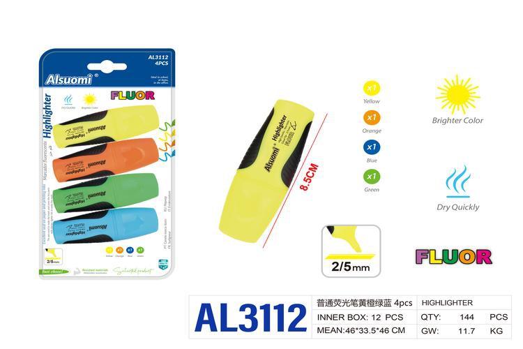resaltador, 8,5 cm, 4 piezas, colores amarillo, azul, verde y naranja