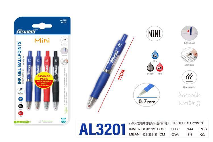 Pluma de gel, 4 piezas, colores rojo, azul y negro, modelo AL3201