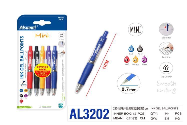 Pluma de gel, 5 piezas, colores rojo, azul, negro, morado y naranja
