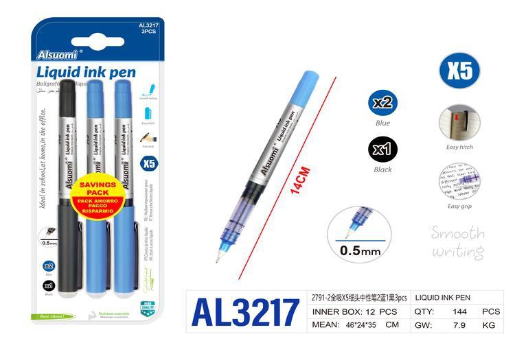 Pluma de gel, modelo X5, 3 piezas, colores azul y negro