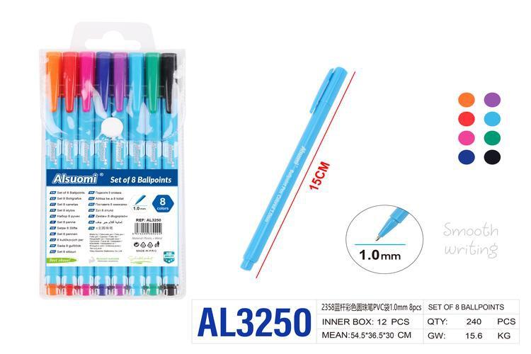 Bolígrafo, 1,0 mm, 8 piezas, colores multicolor y azul
