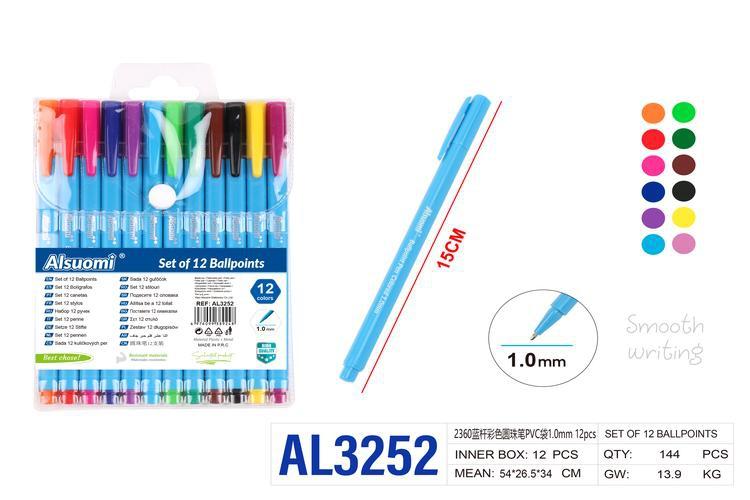 Bolígrafo, 1,0 mm, 12 piezas, colores multicolor y azul