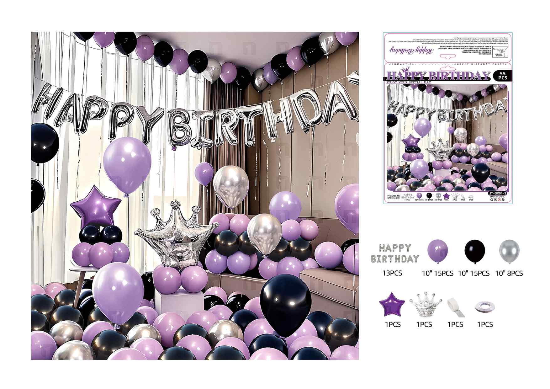 Globos de película de aluminio., 55 piezas, colores negro y morado