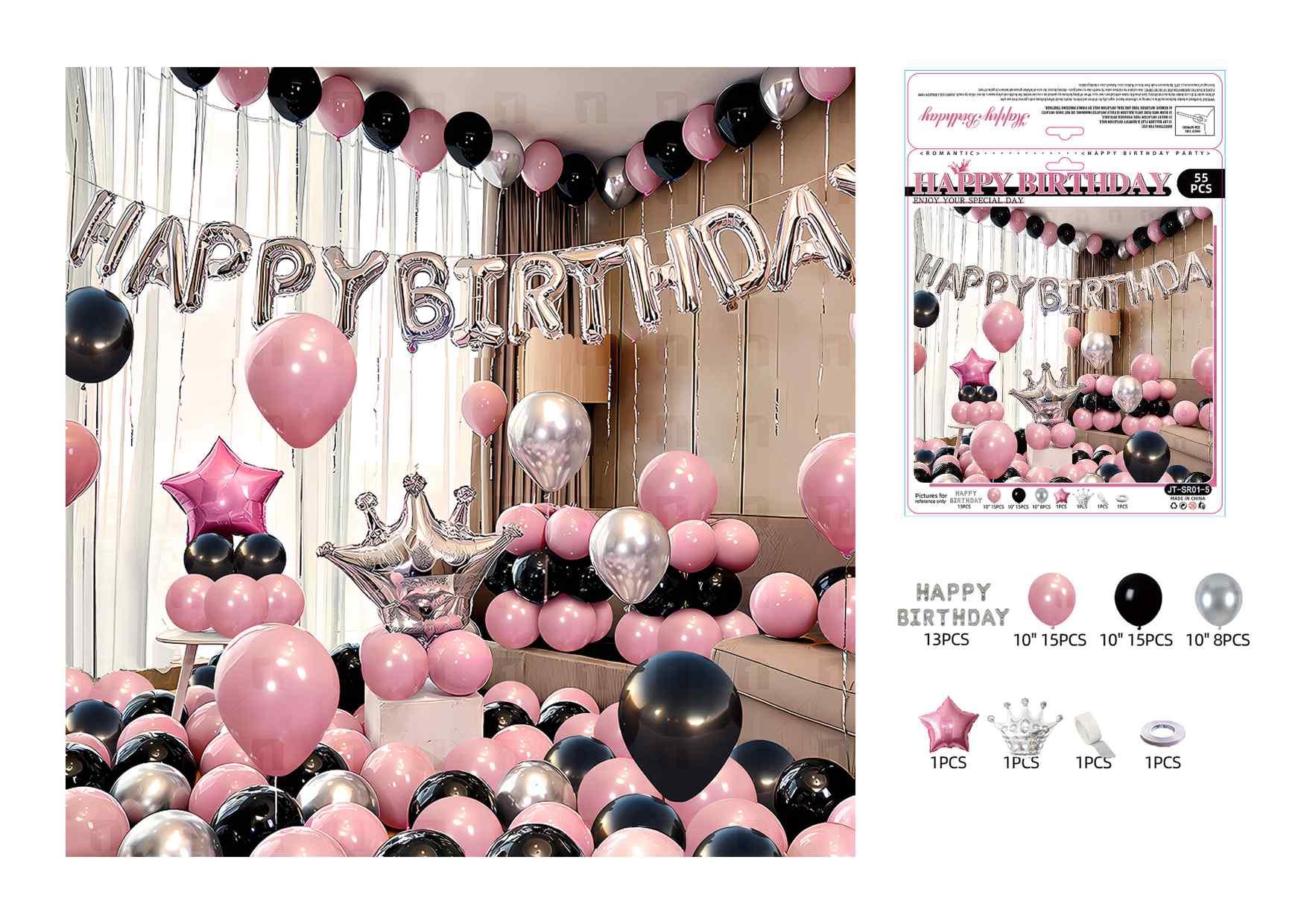 Globos de película de aluminio., 55 piezas, colores negro y rosado