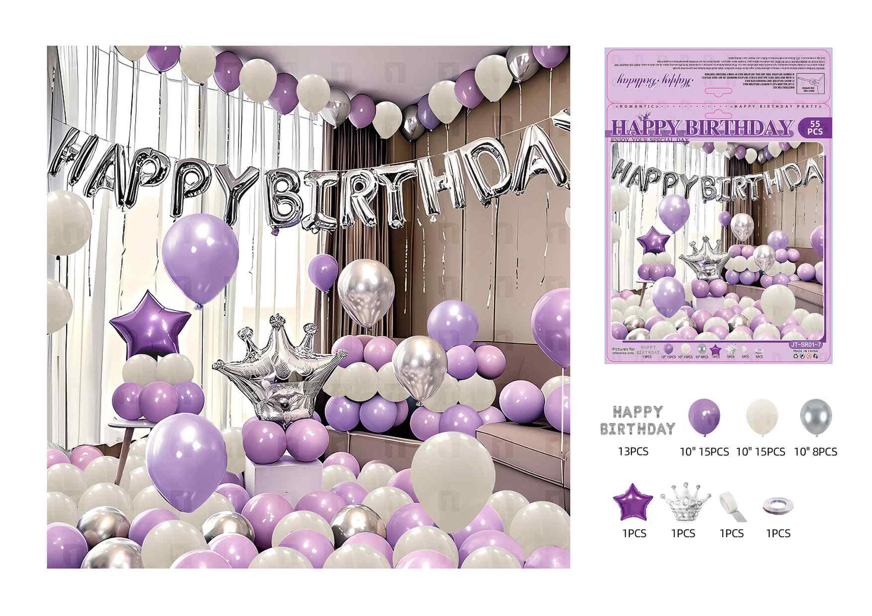 Globos de película de aluminio., 55 piezas, colores blanco y morado