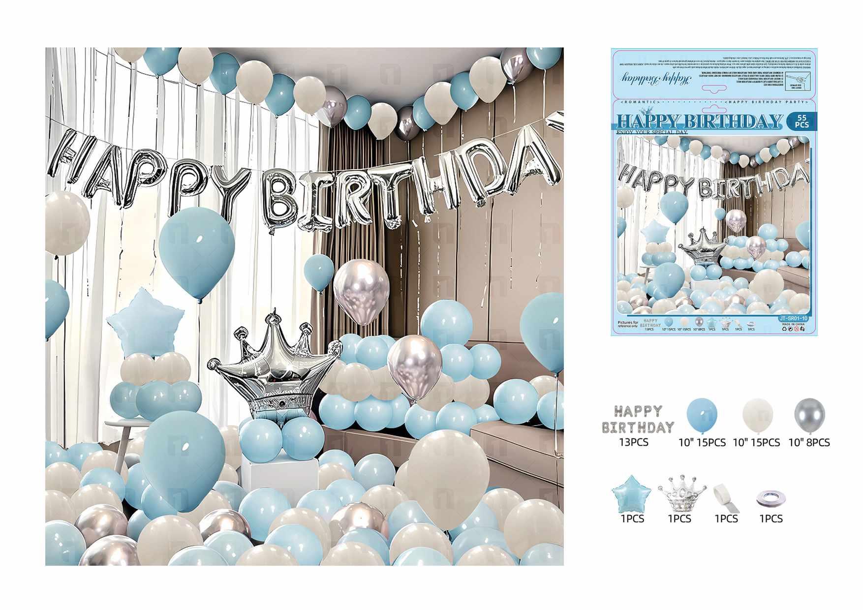 Globos de película de aluminio., 55 piezas, colores azul y blanco, modelo JT-SR01-10
