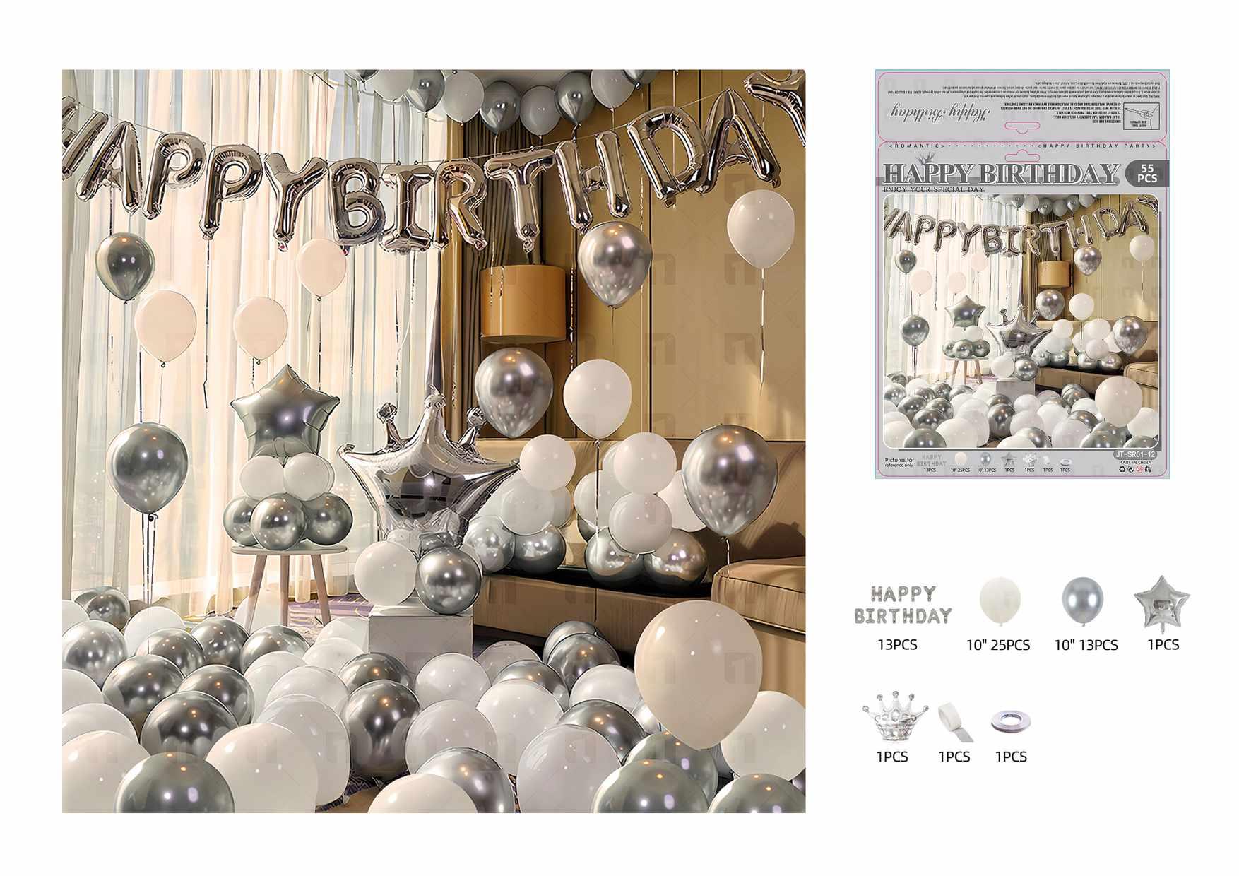 Globos de película de aluminio., 55 piezas, color blanco, modelo JT-SR01-12