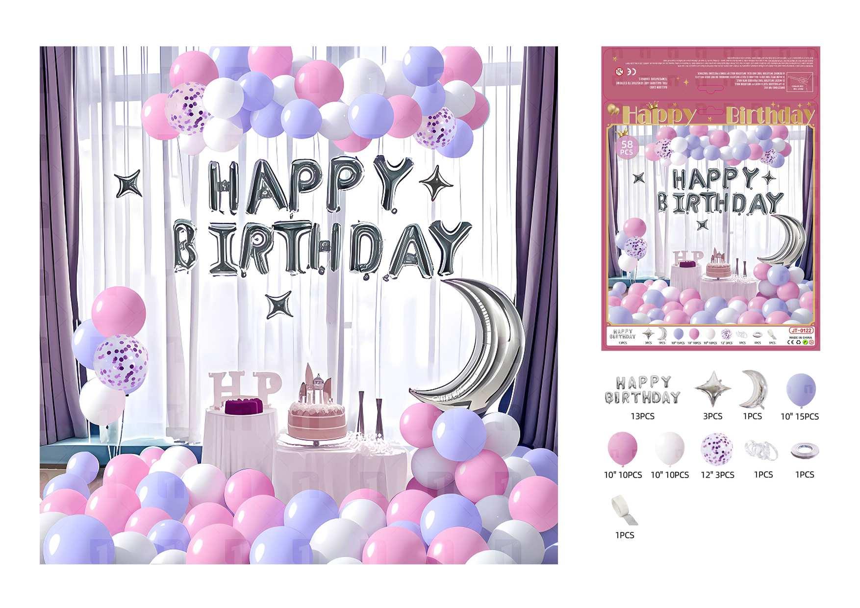 Globos de película de aluminio., 58 piezas, colores rosado y morado