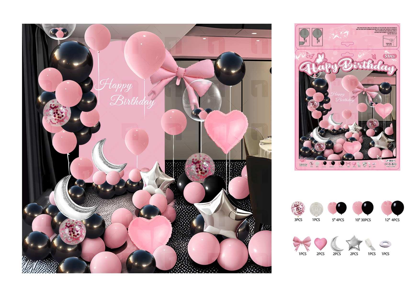 Globos de película de aluminio., 51 piezas, colores negro y rosado