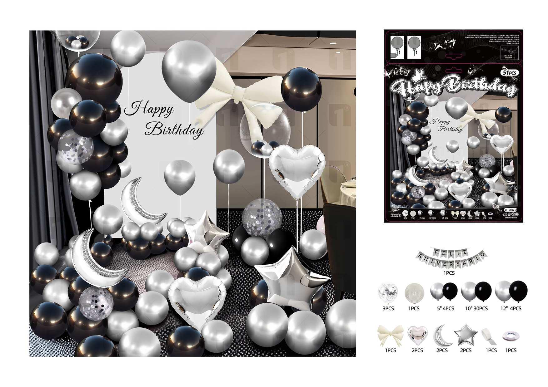 Globos de película de aluminio., 51 piezas, color negro, modelo JT-SR02-2