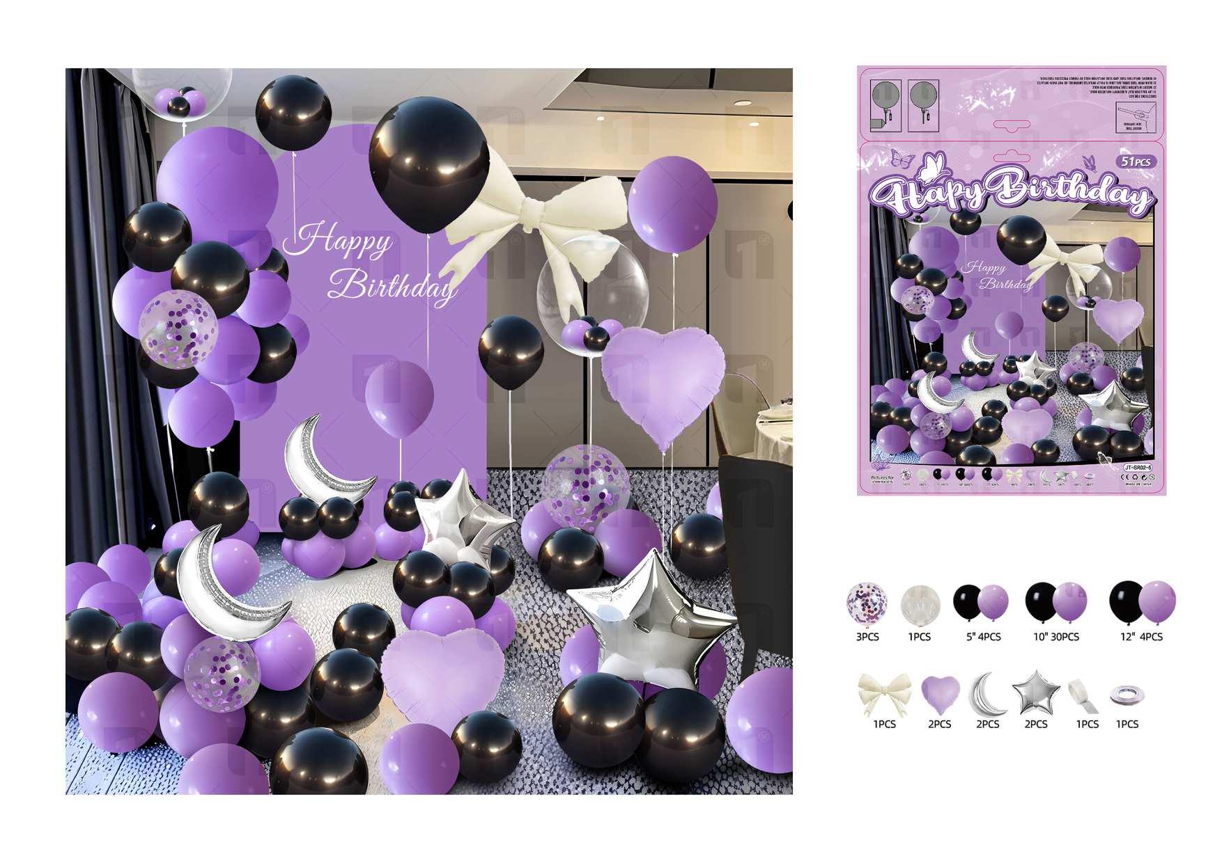 Globos de película de aluminio., 51 piezas, colores negro y morado