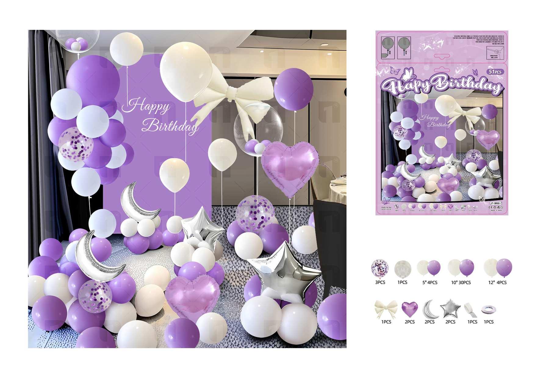 Globos de película de aluminio., 51 piezas, colores blanco y morado