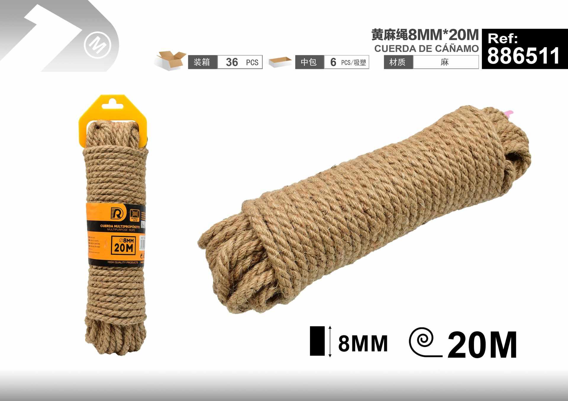 Cuerda de cáñamo, 8 mm, 20 m, color amarillo, ref. 886511