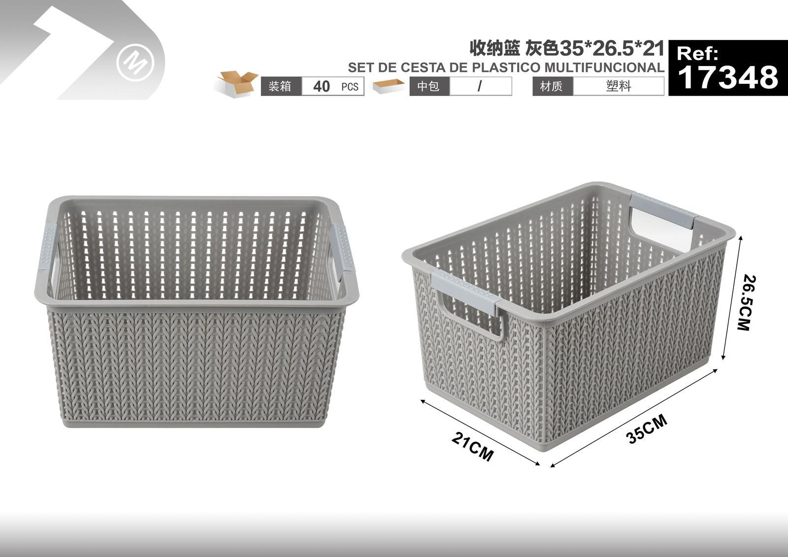 Cesta de almacenamiento de plástico, 35 × 26,5 × 21 cm, color gris