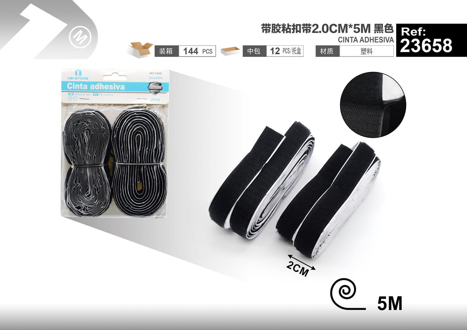 Cinta de gancho y bucle (velcro), 2,0 cm, 5 m, color negro