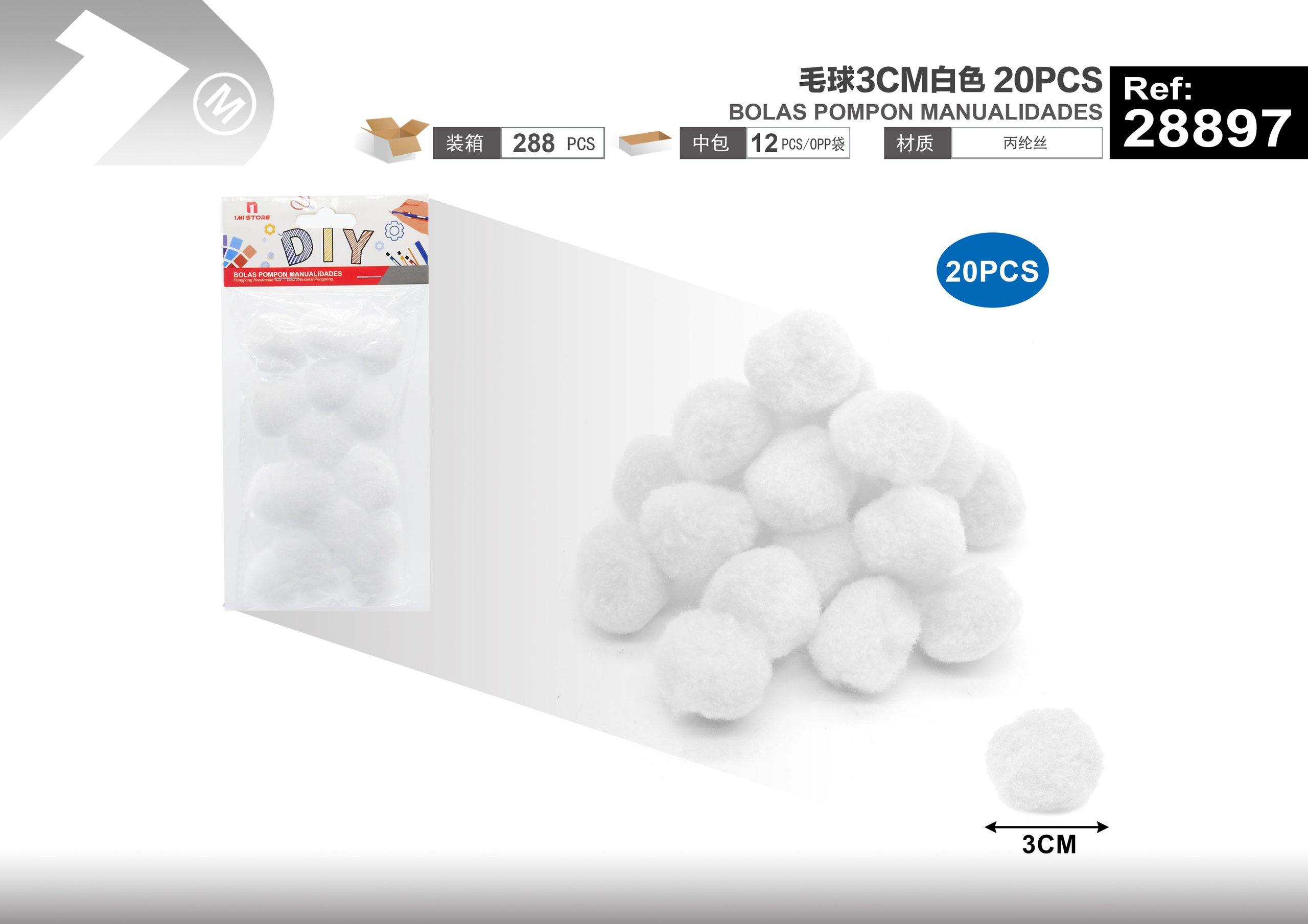 bola de pelo, 3 cm, 20 piezas, color blanco