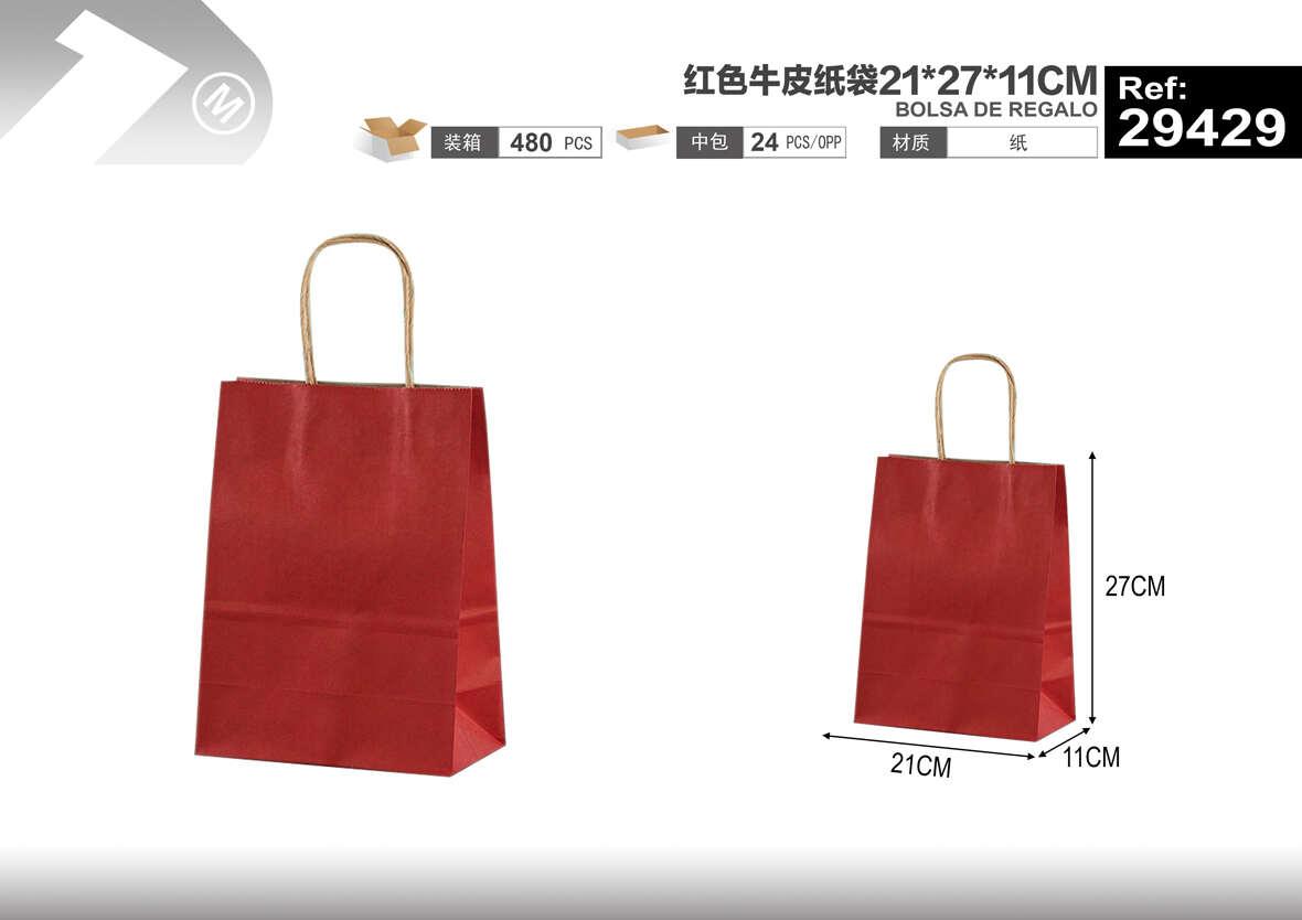 Bolsas de papel monocromáticas, 27 × 22 × 11 cm, color rojo, modelo 29429