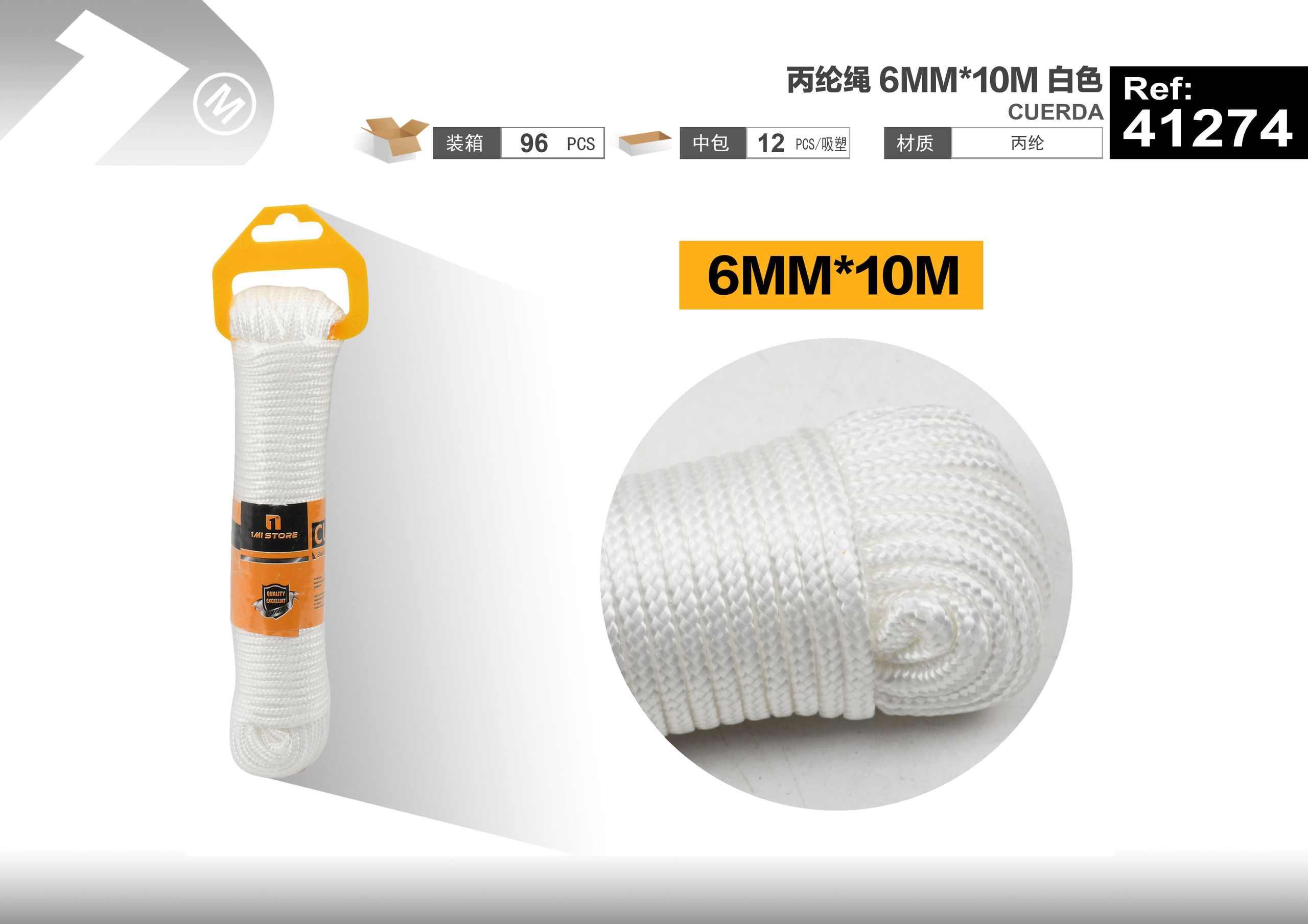 Cuerda de nailon, 6 mm, 10 m, color blanco
