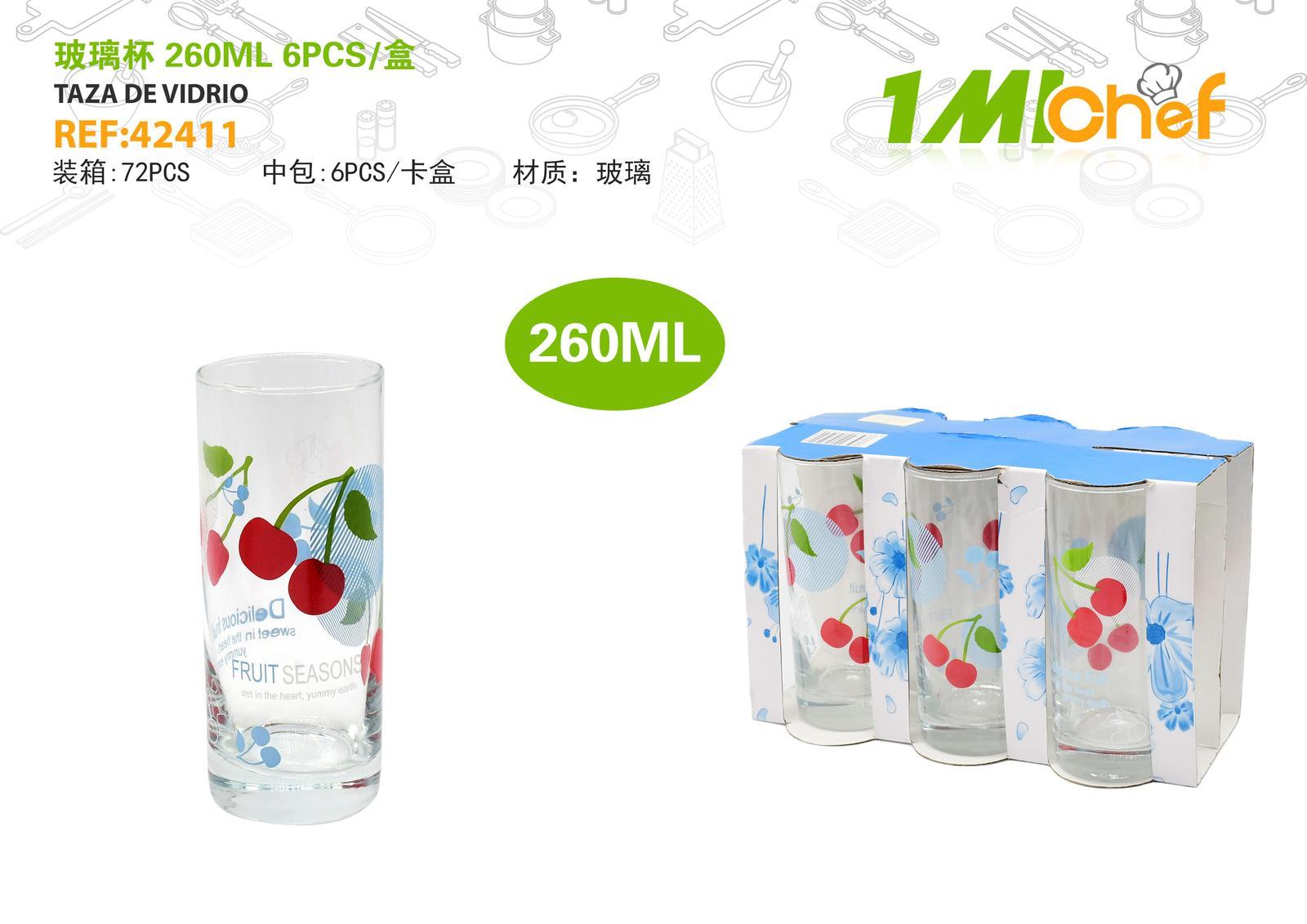 Vaso de vidrio, 260 ml, 6 piezas, ref. 42411