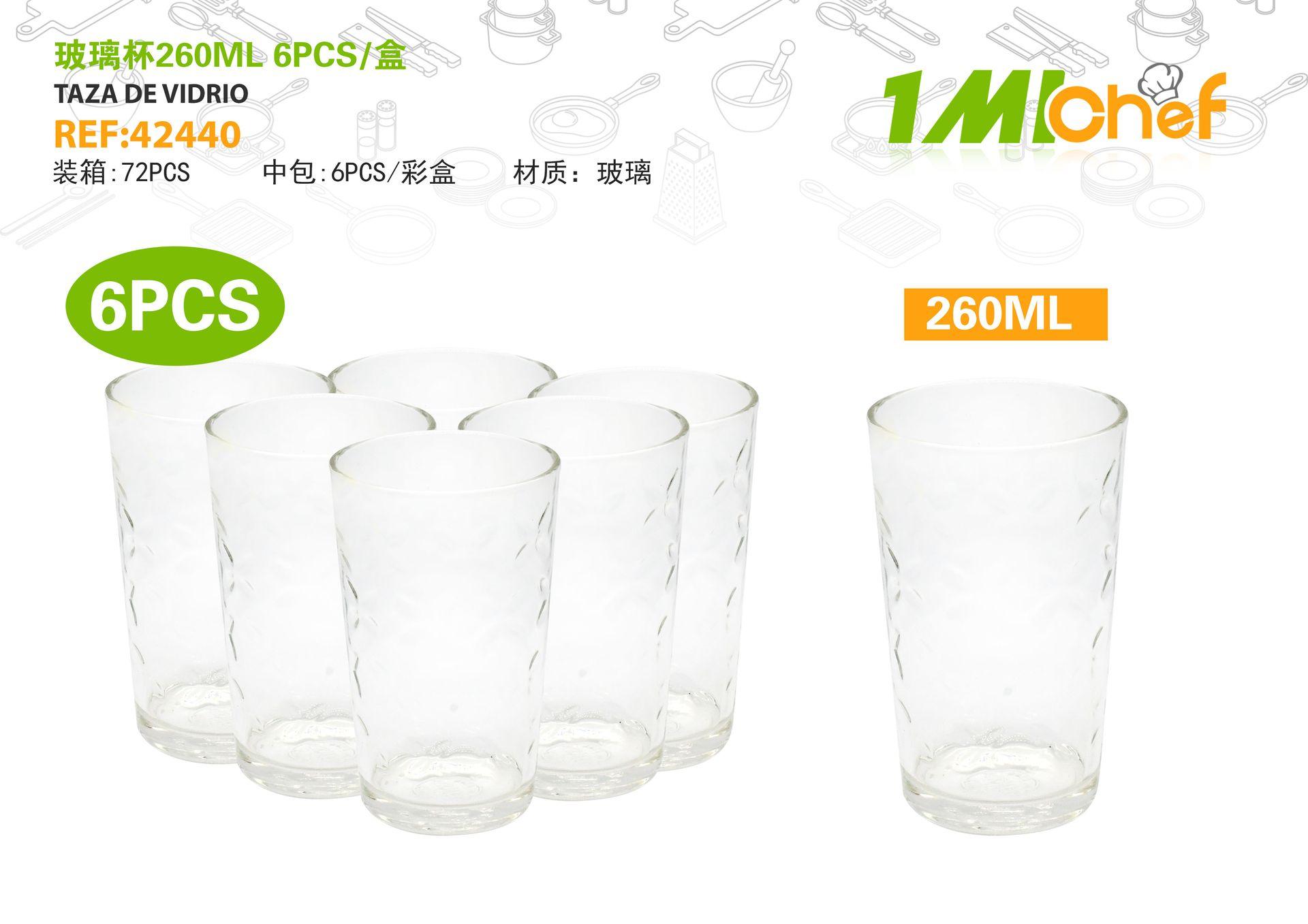 Vaso de vidrio, 260 ml, 6 piezas, ref. 42440