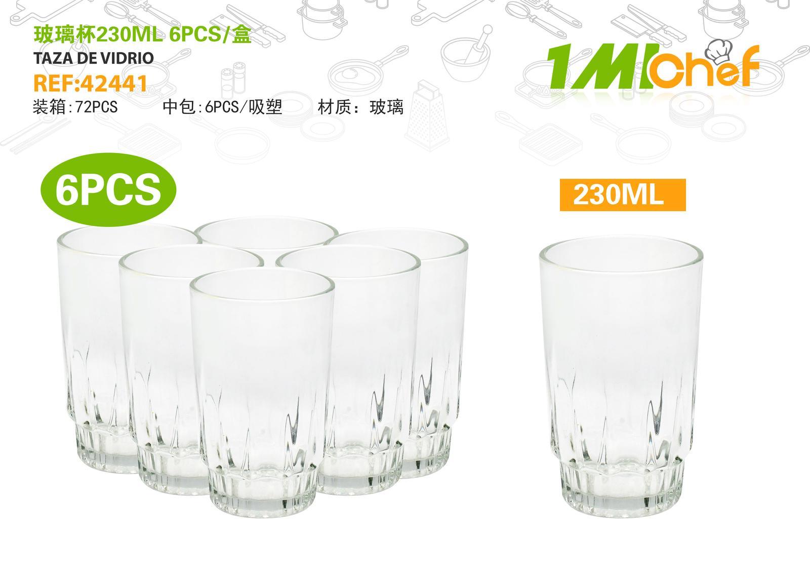 Vaso de vidrio, 230 ml, 6 piezas, ref. 42441