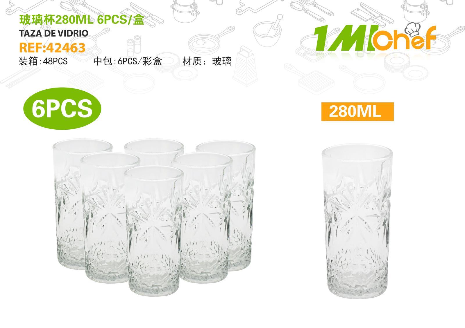 Vaso de vidrio, 280 ml, 6 piezas, ref. 42463