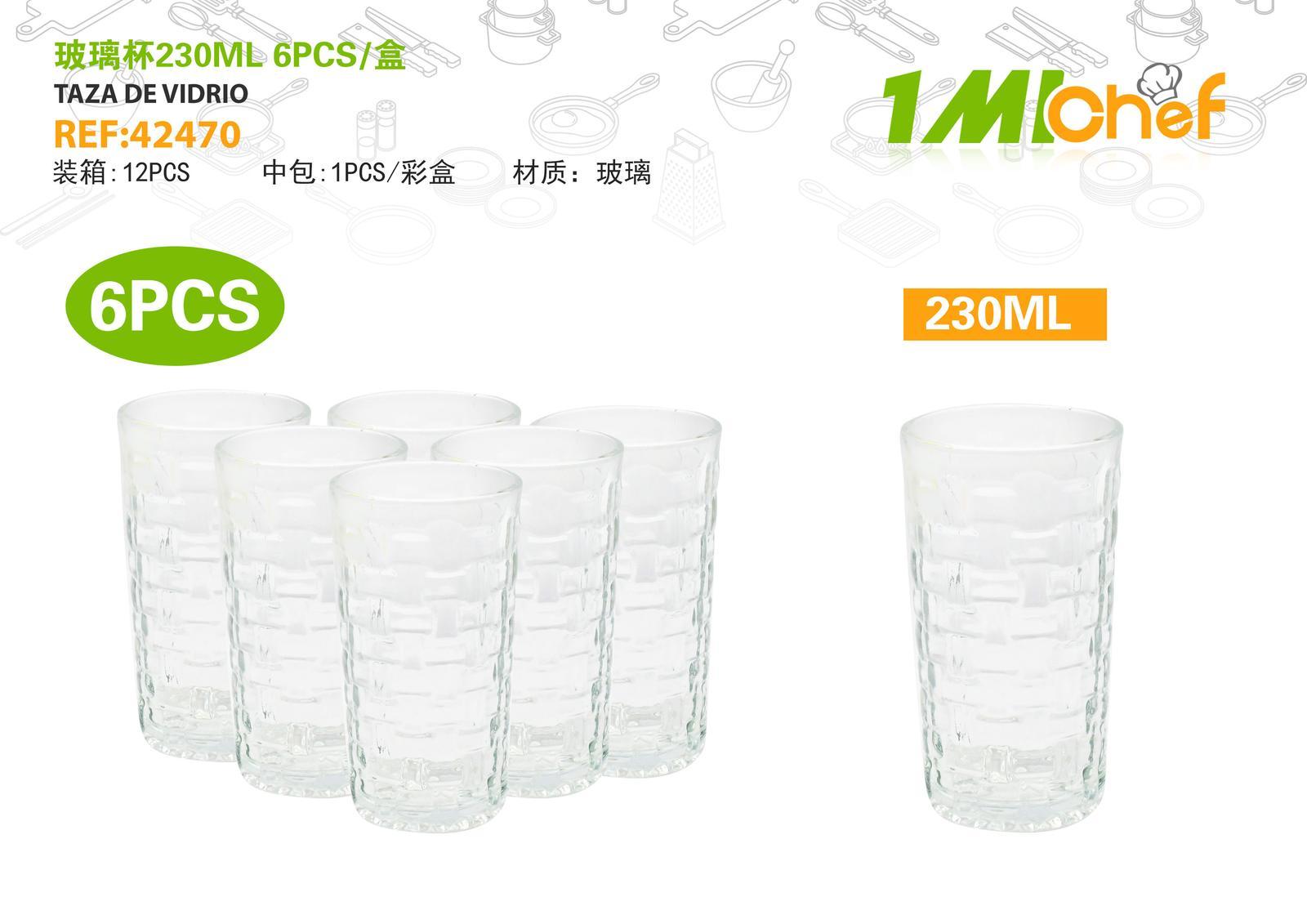 Vaso de vidrio, 230 ml, 6 piezas, ref. 42470