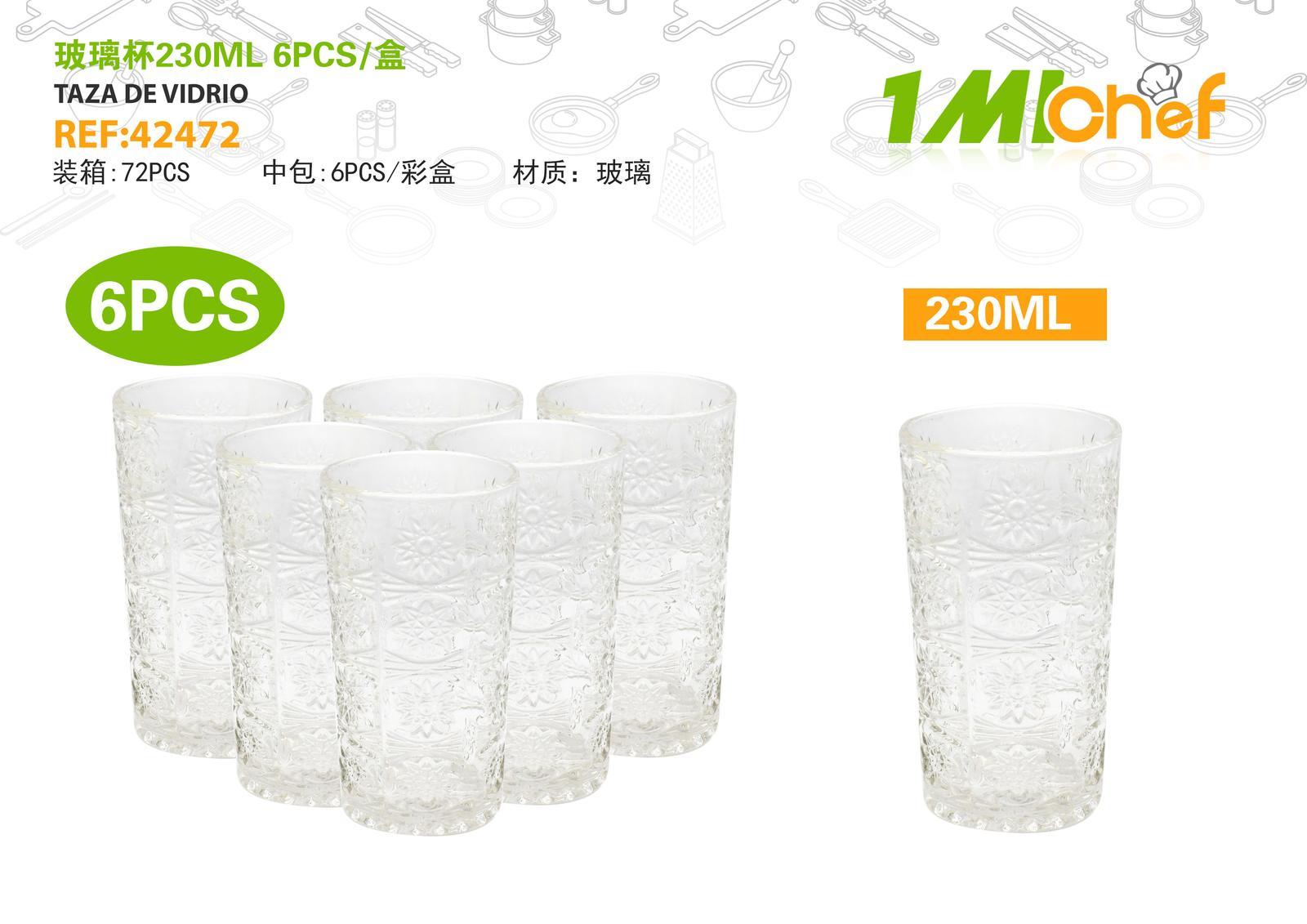 Vaso de vidrio, 230 ml, 6 piezas, ref. 42472
