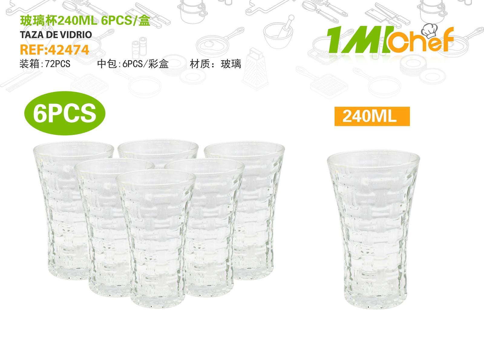 Vaso de vidrio, 240 ml, 6 piezas, ref. 42474