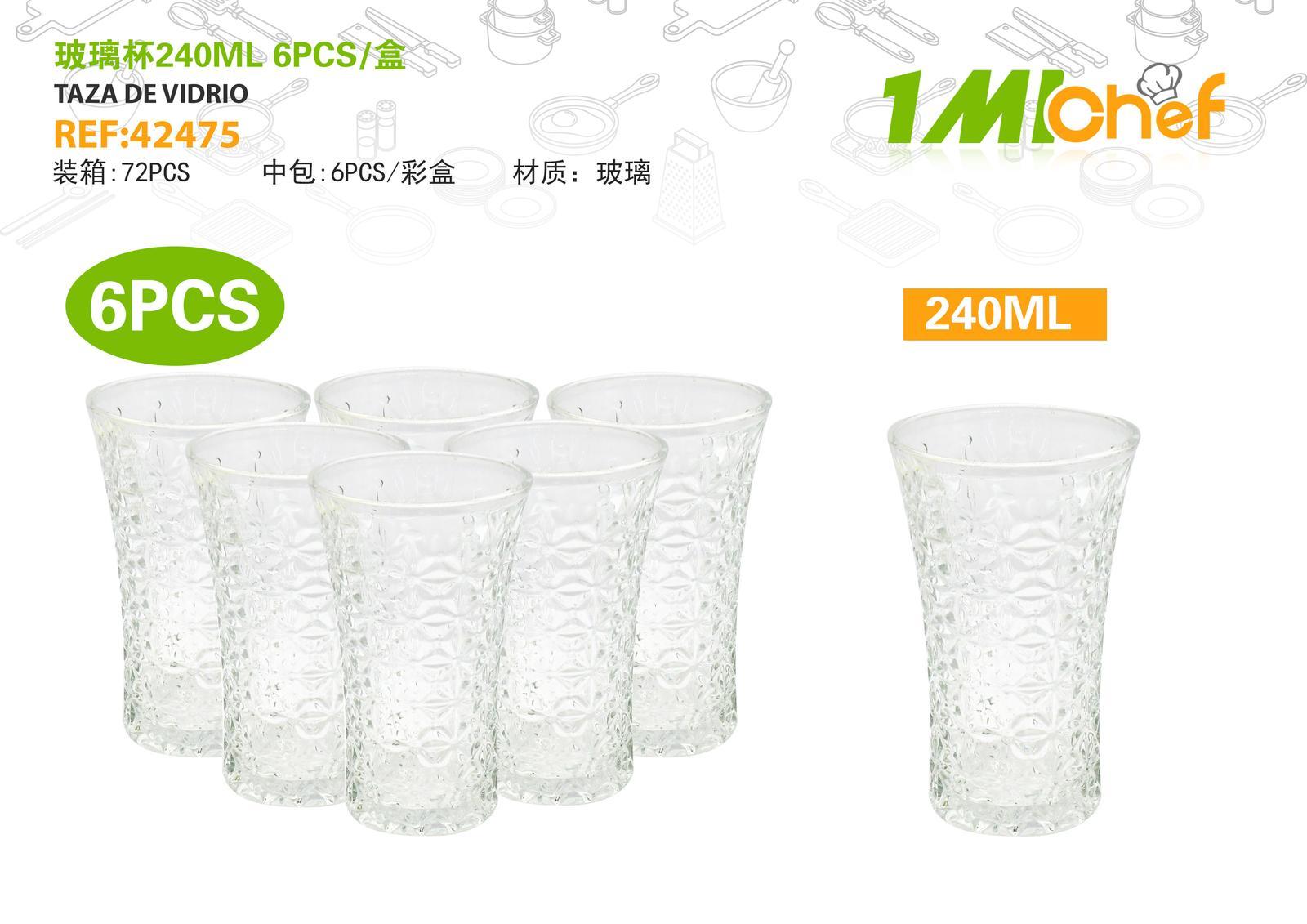 Vaso de vidrio, 240 ml, 6 piezas, ref. 42475