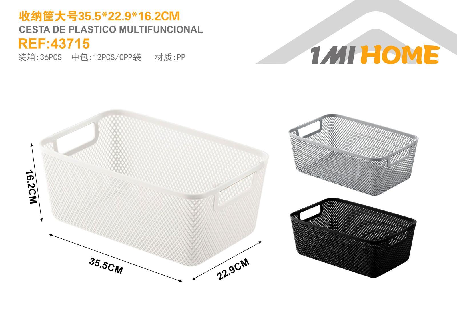 Cesta de almacenamiento de plástico, 35,5 × 22,9 × 16,2 cm, modelo 43715