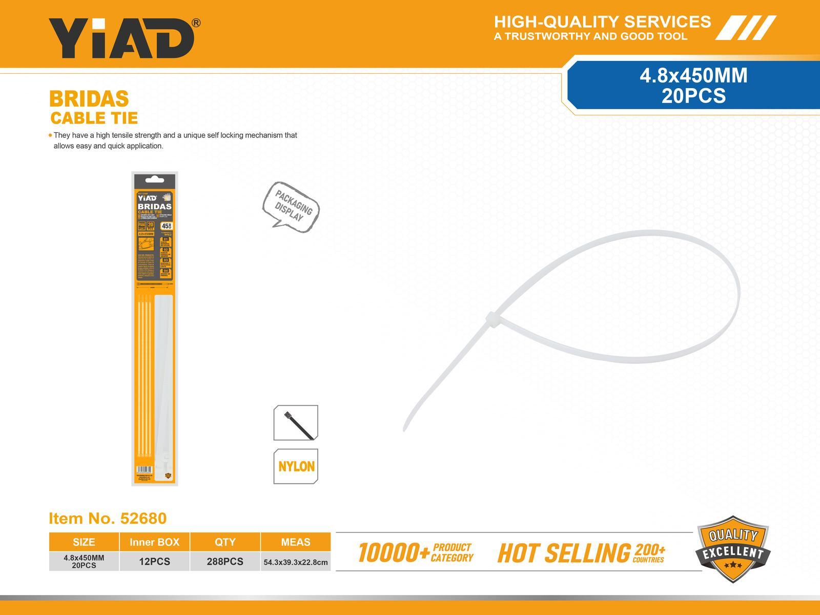 Bridas para cables, 4,8 × 450, 20 piezas, color blanco