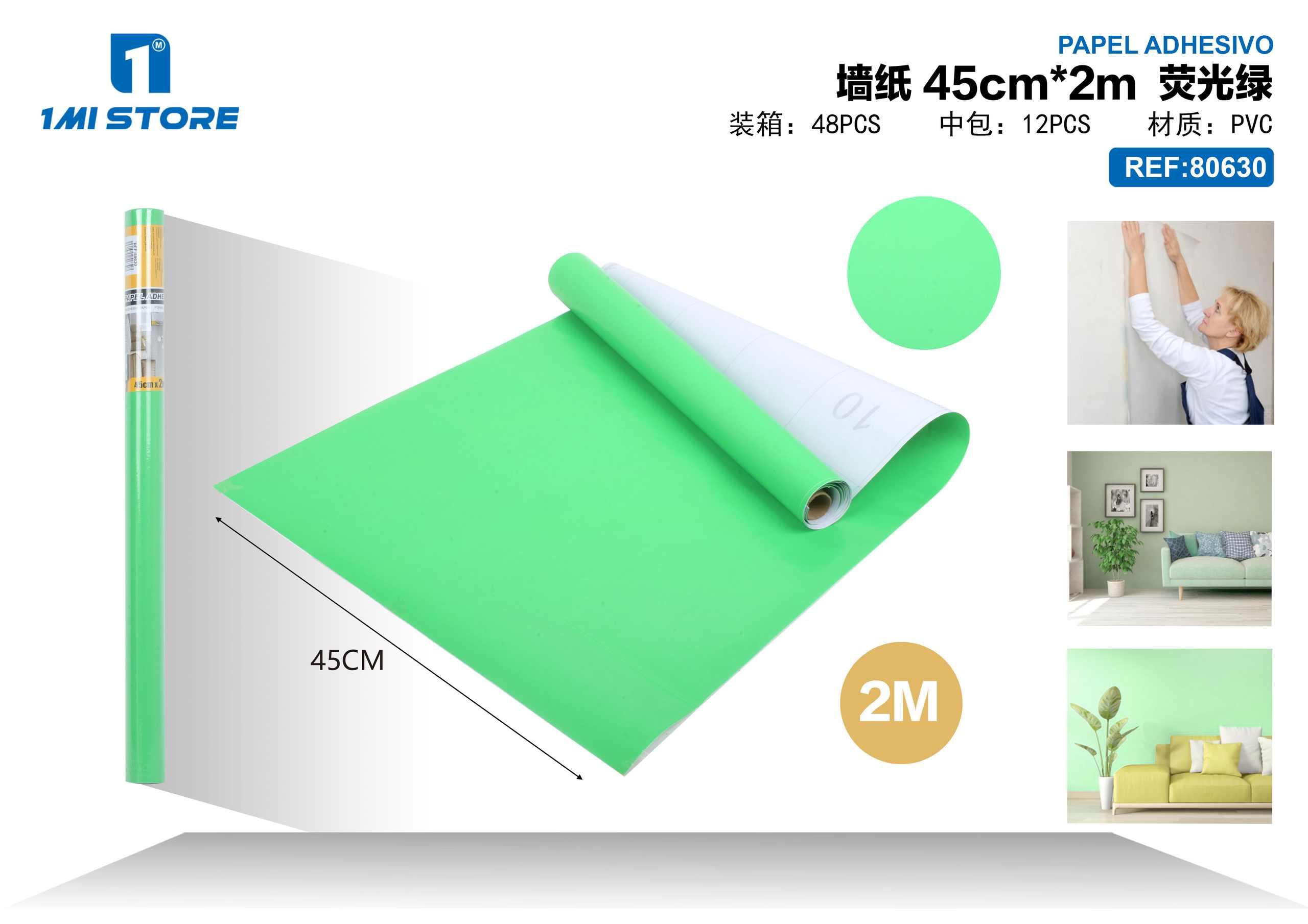 Papel tapiz monocromático, 45 cm, 2 m, color verde, modelo 80630