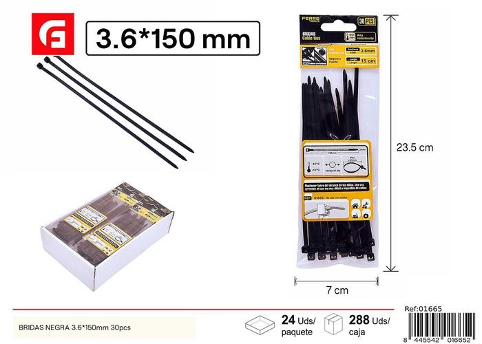 Bridas para cables, 3,6 × 150 mm, 30 piezas, color negro