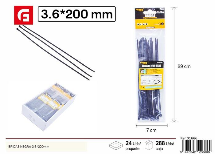 Bridas para cables, 3,6 × 200 mm, 28 piezas, color negro
