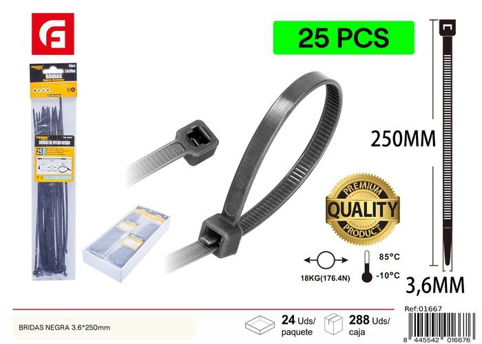 Bridas para cables, 3,6 × 250 mm, 25 piezas, color negro